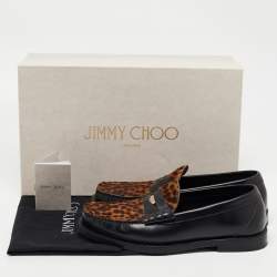 Jimmy Choo Black/Brown Leopard Print Calfhair and Leather Penny Loafers Size 39.5
