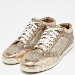 Jimmy Choo Gold Leather and Coarse Glitter Miami High Top Sneakers Size 41