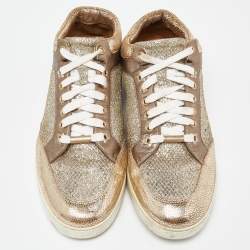 Jimmy Choo Gold Leather and Coarse Glitter Miami High Top Sneakers Size 41