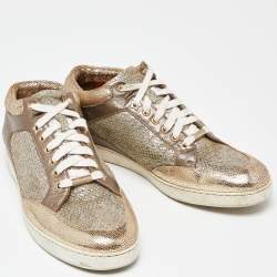 Jimmy Choo Gold Leather and Coarse Glitter Miami High Top Sneakers Size 41