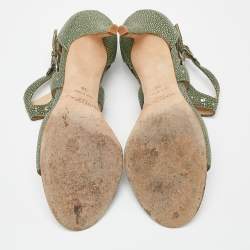 Pre Owned Jimmy Choo Green Textured Leather Ankle Strap Sandals Size 38