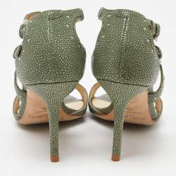 Pre Owned Jimmy Choo Green Textured Leather Ankle Strap Sandals Size 38
