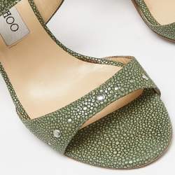 Pre Owned Jimmy Choo Green Textured Leather Ankle Strap Sandals Size 38