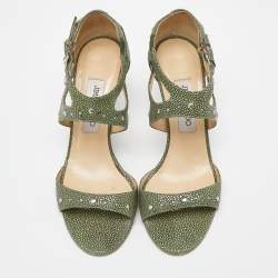 Pre Owned Jimmy Choo Green Textured Leather Ankle Strap Sandals Size 38