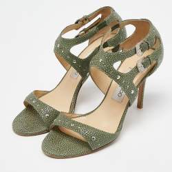 Pre Owned Jimmy Choo Green Textured Leather Ankle Strap Sandals Size 38