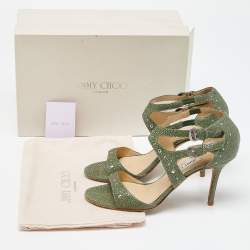 Pre Owned Jimmy Choo Green Textured Leather Ankle Strap Sandals Size 38