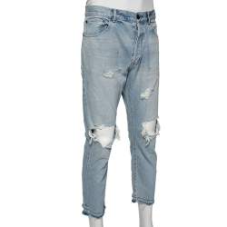 John Elliott Blue Denim Painted Detail Distressed Cropped Jeans M