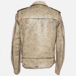 John Elliott X Blackmeans Beige Distress Ivory Paint Leather Riders Jacket XL