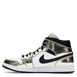 Pre Owned Nike Jordan 1 Mid Metallic Gold Black White Sneakers Size EU 38.5 US 6Y