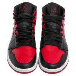 Pre Owned Nike Jordan Black/Red Leather and Fabric 1 Mid Sneakers Size 43
