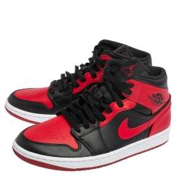 Pre Owned Nike Jordan Black/Red Leather and Fabric 1 Mid Sneakers Size 43