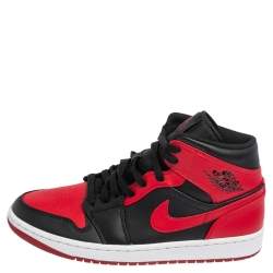 Pre Owned Nike Jordan Black/Red Leather and Fabric 1 Mid Sneakers Size 43
