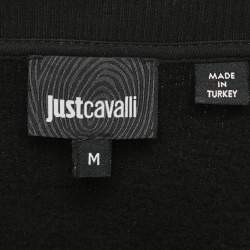 Pre Owned Just Cavalli Black Embroidered Cotton Knit Faux Leather Trim Jacket M