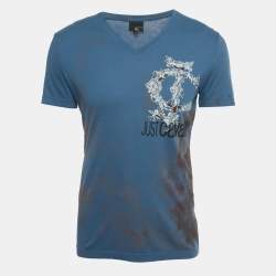 Pre Owned Just Cavalli Blue Printed Jersey V-Neck T-Shirt M