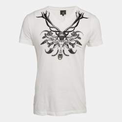 Pre Owned Just Cavalli White Printed Jersey V-Neck T-Shirt L