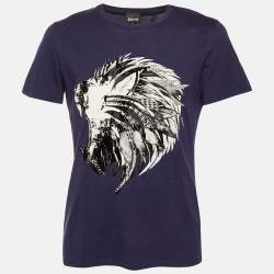 مملوكة مسبقًا Just Cavalli Navy Blue Tiger Print Cotton Crew Neck T-Shirt M
