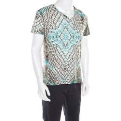 Pre Owned Just Cavalli Multicolor Snakeskin Print Cotton Blend V Neck T- Shirt XXL