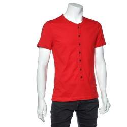 Just Cavalli Red Cotton Knit Logo Embroidered Button Front T-Shirt L