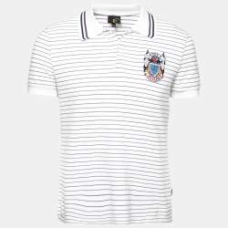 Pre Owned Just Cavalli White Striped Cotton Embroidered Polo T-shirt XXL