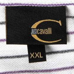 Pre Owned Just Cavalli White Striped Cotton Embroidered Polo T-shirt XXL