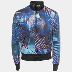 Just Cavalli Blue Multicolor Printed Sequined Bomber Jacket S
