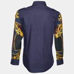Pre Owned Just Cavalli Navy Blue Cotton Printed Sleeve Shirt L