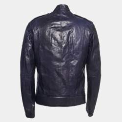 Pre Owned Just Cavalli Navy Blue Leather Biker Jacket L
