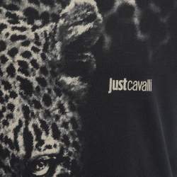Pre Owned Just Cavalli Black Tiger Printed Cotton Crew Neck Half Sleeve T-Shirt L