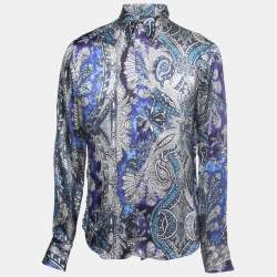 Just Cavalli Blue Paisley Print Satin Silk Button Front Shirt XL