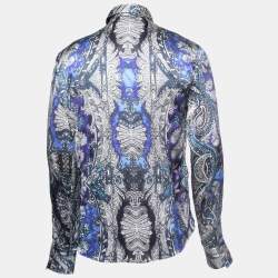 Just Cavalli Blue Paisley Print Satin Silk Button Front Shirt XL