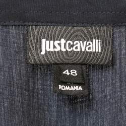 Pre Owned Just Cavalli Navy Blue Print Silk & Cotton Button Front Full Sleeve Shirt M