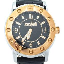 Pre Owned Just Cavalli Black Two Tone Stainless Steel Leather R7251161025 Men's Wristwatch 42mm