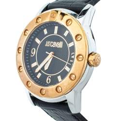 Pre Owned Just Cavalli Black Two Tone Stainless Steel Leather R7251161025 Men's Wristwatch 42mm