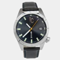 Pre Owned Just Cavalli Grey Stainless Steel Leather Men's Wristwatch 44 mm