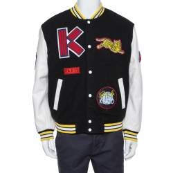 Kenzo Black Wool Blend Logo-Patch Leather Varsity Jacket M Kenzo | TLC
