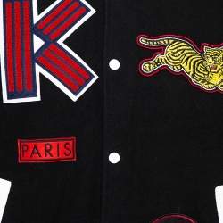 Pre Owned Kenzo Black Wool Blend Logo-Patch Leather Varsity Jacket M