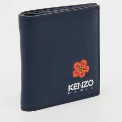 Pre Owned Kenzo Navy Blue Leather Boke Flower Logo Print Mini Bifold Wallet