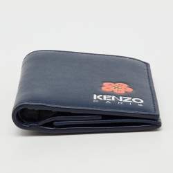 Pre Owned Kenzo Navy Blue Leather Boke Flower Logo Print Mini Bifold Wallet