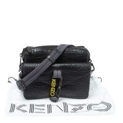 Pre Owned Kenzo Black Croc Embossed Leather Hiker Crossbody Bag