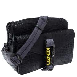 Pre Owned Kenzo Black Croc Embossed Leather Hiker Crossbody Bag