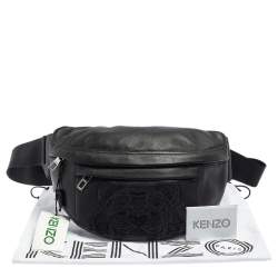 Pre Owned Kenzo Black Leather Tiger Embroidered Belt Bag