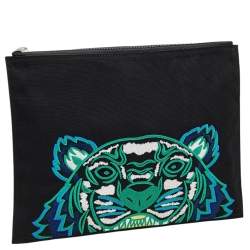 Pre Owned Kenzo Black Nylon Logo Embroidered Pouch