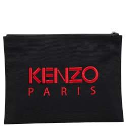 Pre Owned Kenzo Black Nylon Logo Embroidered Pouch