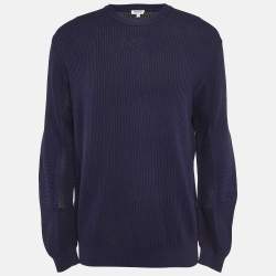 Pre Owned Kenzo Navy Blue Logo Intarsia Rib Knit Sweater M