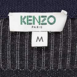 Pre Owned Kenzo Navy Blue Logo Intarsia Rib Knit Sweater M