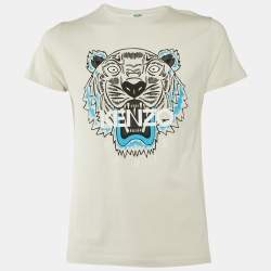 Pre Owned Kenzo Ecru Tiger Print Cotton Knit Crew Neck T-Shirt S