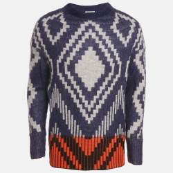 Kenzo Blue Geometric Intarsia Mohair Wool Blend Sweater S