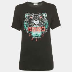 Pre Owned Kenzo Black Tiger Logo Print Jersey Crewneck T-Shirt XS