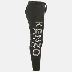 Pre Owned Kenzo Black Logo Print Cotton Drawstring Joggers L
