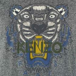 Pre Owned Kenzo Grey Tiger Print Melange Cotton Crew Neck T-Shirt S